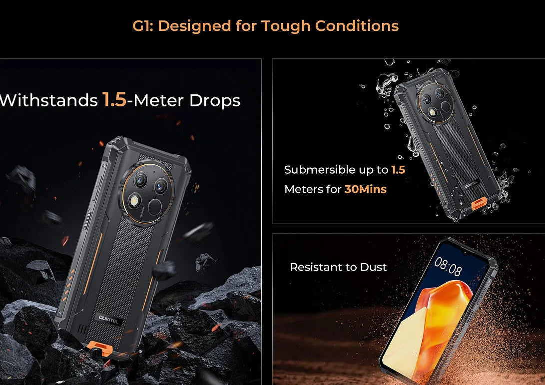 OUKITEL G1 mobile phone in green, grey, or orange colour with included charger