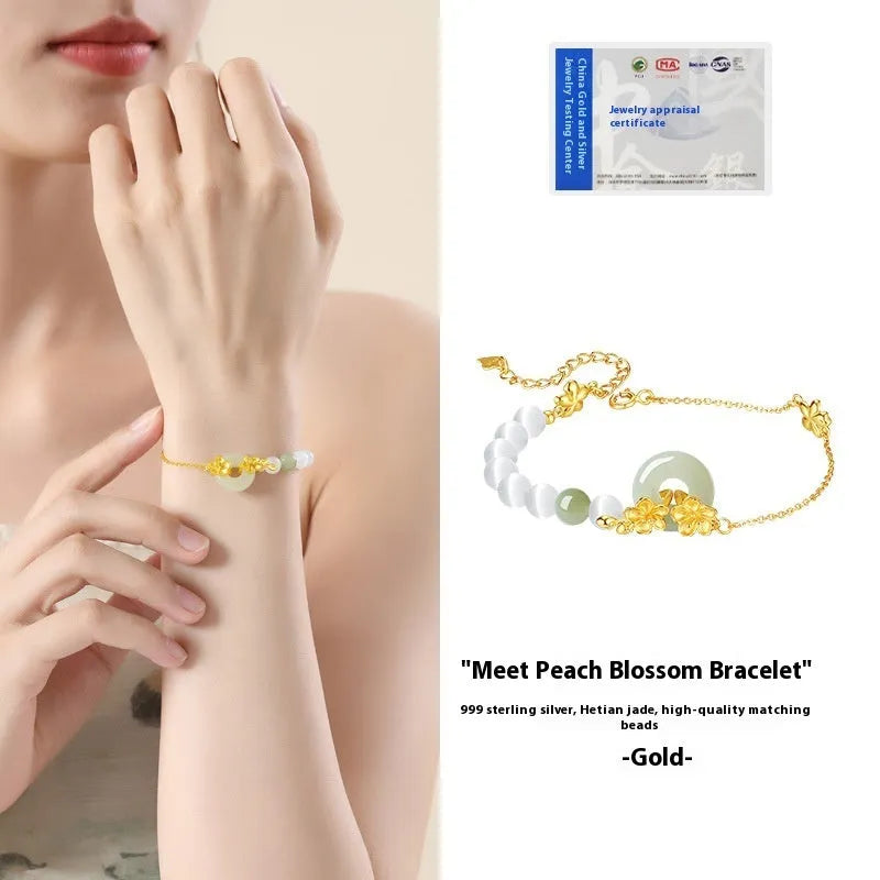 Women's pure silver bracelet with peach blossom safety buckle in New Chinese style flower design