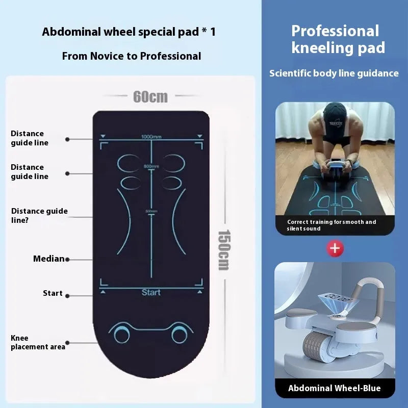 Blue automatic rebound abdominal wheel with large elbow supports on a wooden floor.