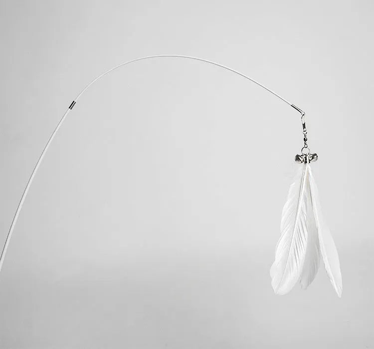 Telescopic fishing rod cat toy with goose feather teasers extended to show full length