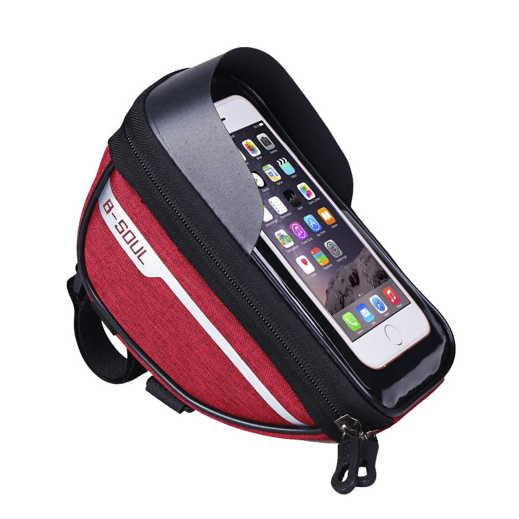 B-SOUL bicycle mobile phone bag with 7-inch touch screen, light barrier design, 18.5 x 9.5 x 8.5 cm, available in red, grey, black, and blue