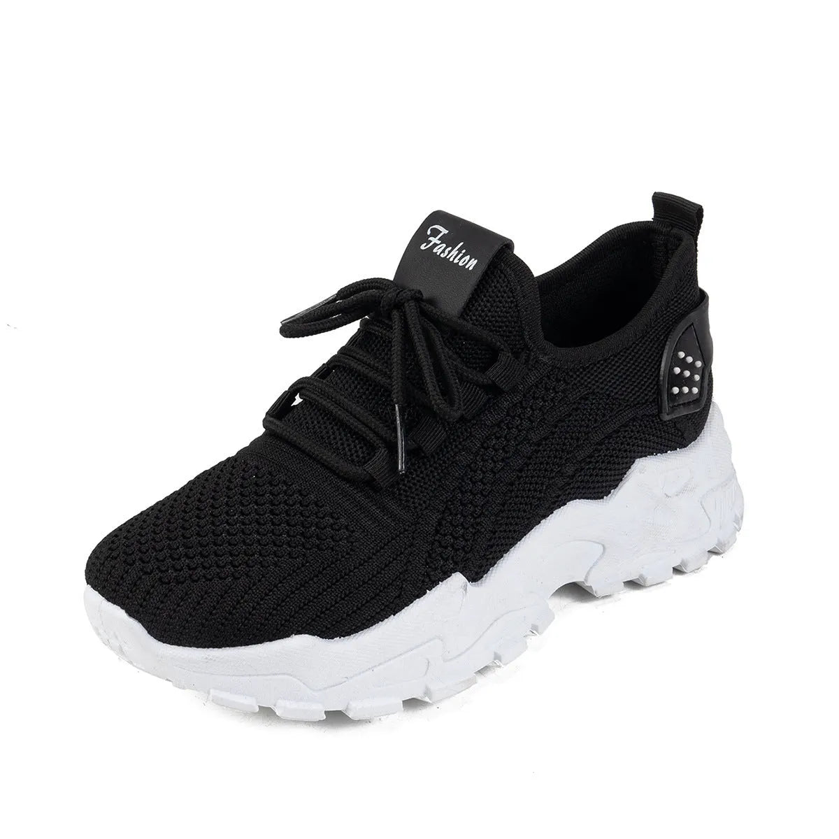 Women's white Flyknit mesh sports casual shoes with flat heel and lace-up front.