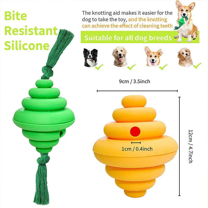 Green and yellow dog ball with rope attachment for large breed interactive play and treat dispensing
