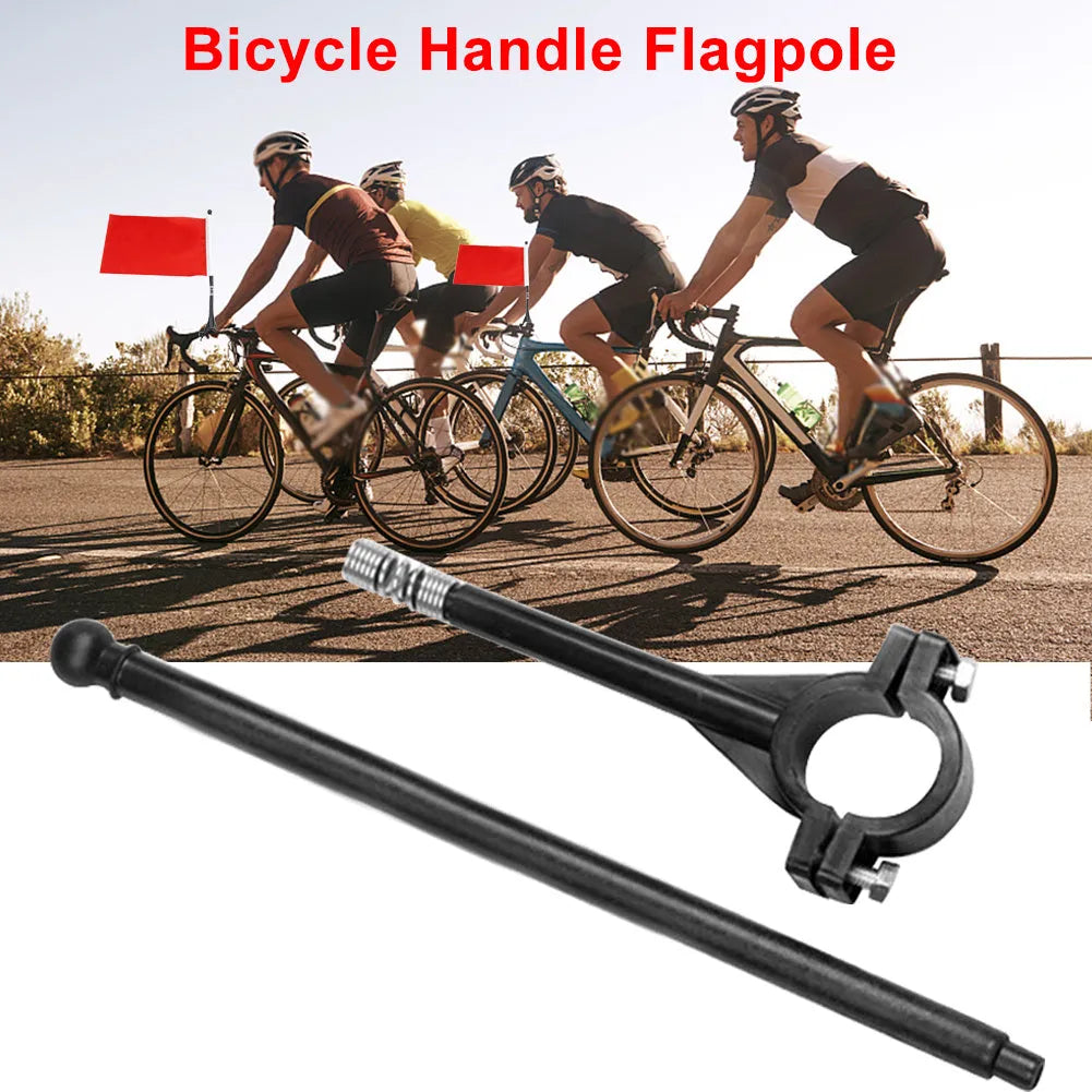A square polyester flag on a plastic pole designed for bicycle handlebar mounting.