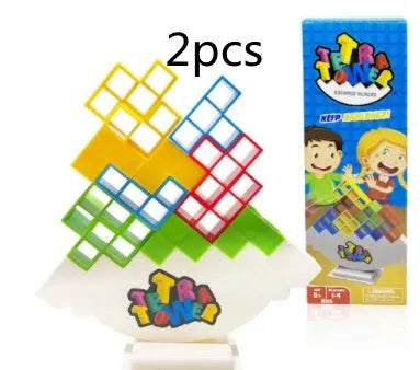 Plastic balance stacking game with colourful blocks on a chassis