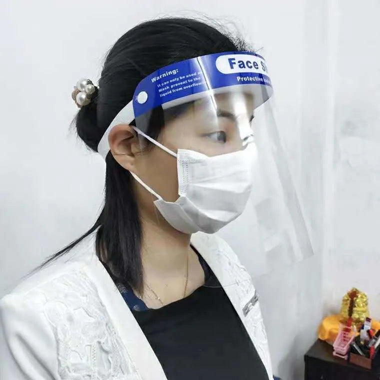 Blue PET anti-splash protective mask, head-on style, for droplet self-protection, available in 5pcs or 100pcs packs.