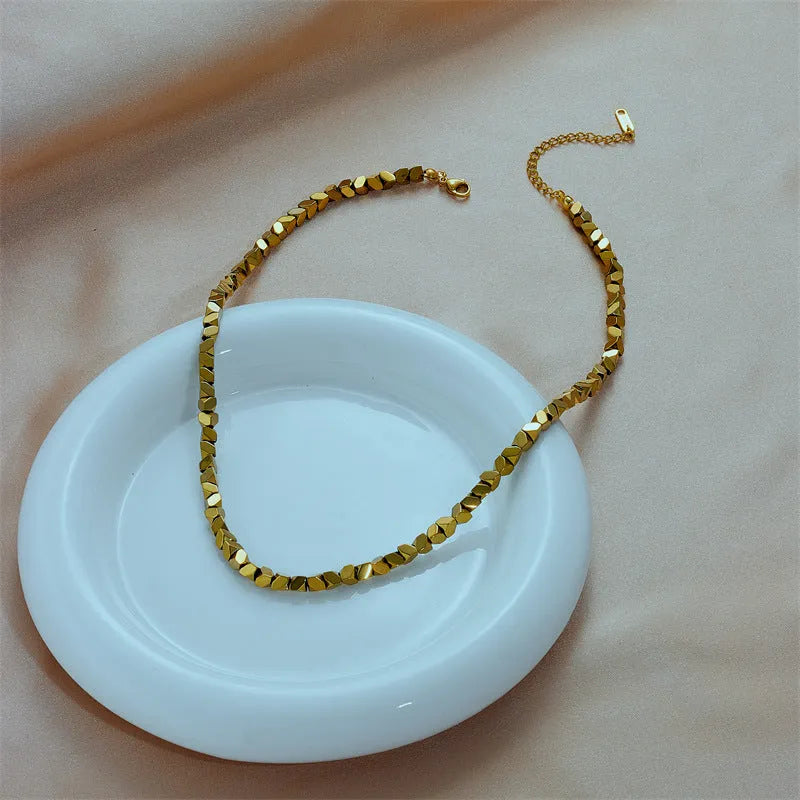 Geometric chamfering square pattern small beaded necklace for women in stainless steel colour N1817