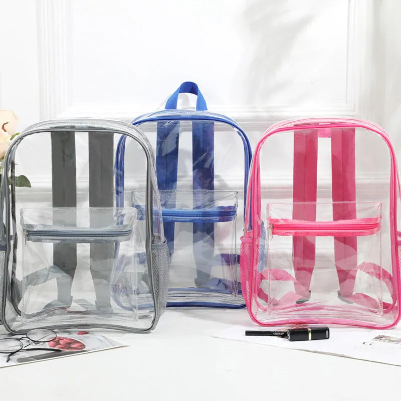 PVC transparent large outdoor travel backpack in blue, shown from the side.