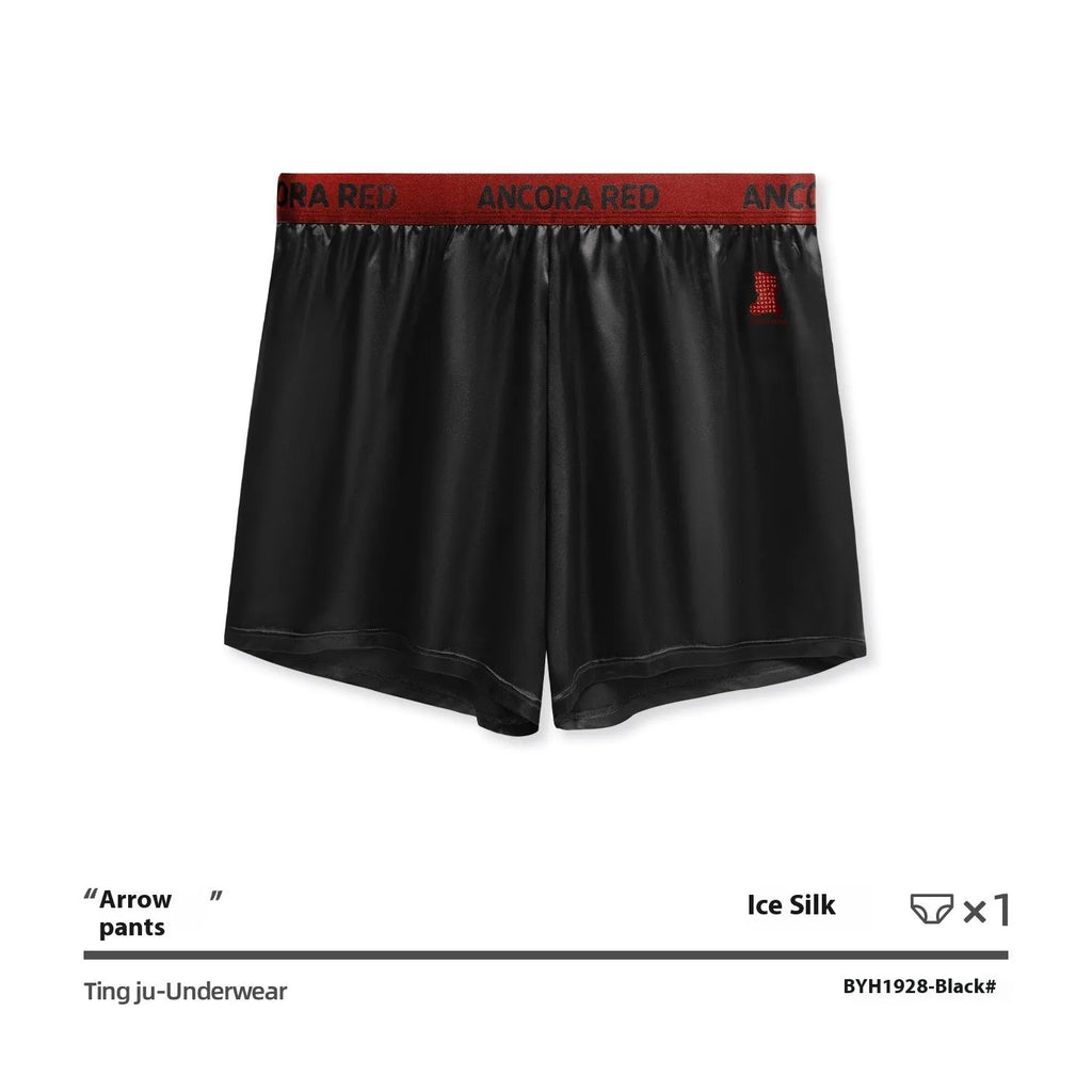 Solid colour men's polyester boxer briefs on a mid-waist, shown in black, blue, brown, purple, red, and silver.