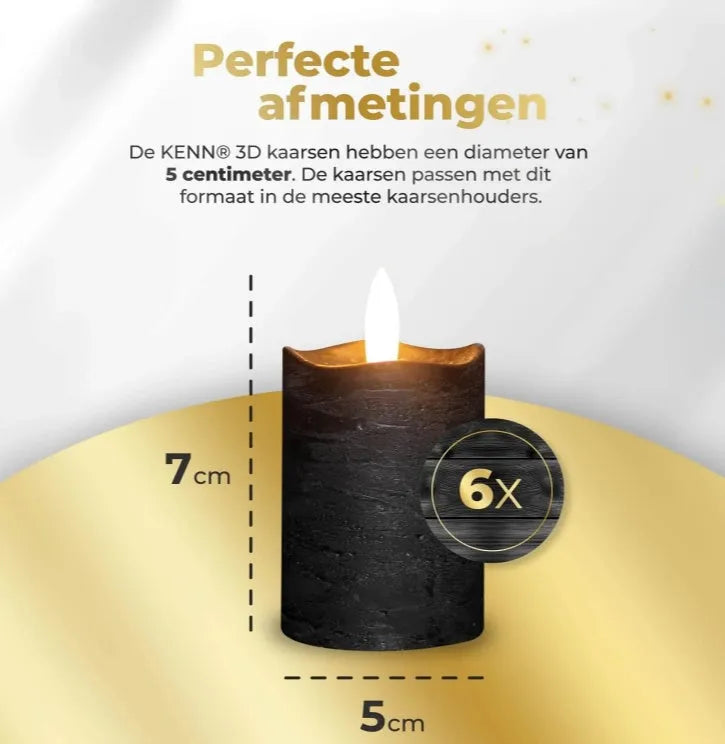Black S6 model LED pillar candle with flickering flame effect, shown at its 5x7 cm size.