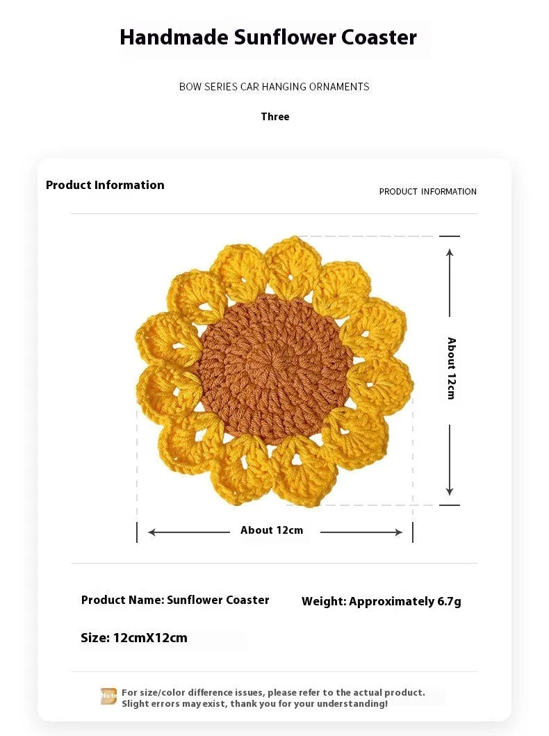 A hand-woven circular wool coaster with a floral pattern, shown as a single piece.