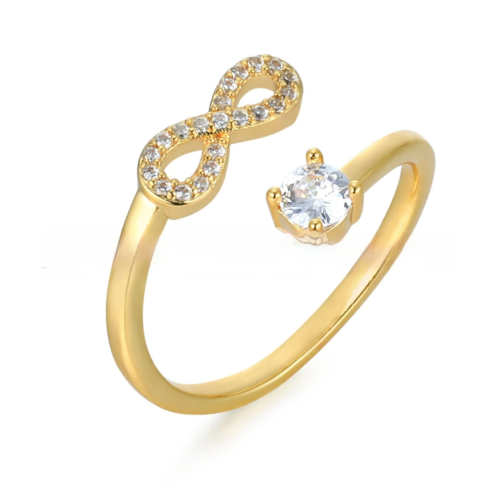 Personalised geometric open ring with inlaid zircon stones, shown on a finger, available in gold, rose gold, and silver.