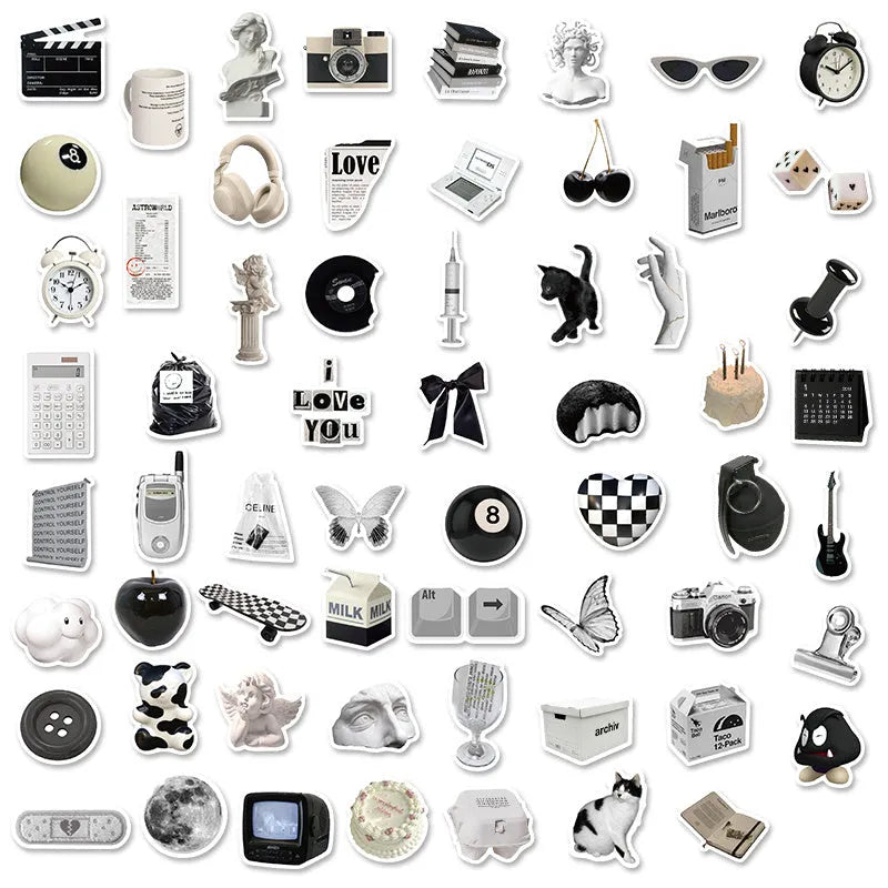 Assortment of 61 black and white line-art PVC stickers for laptops and luggage.