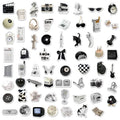 Assortment of 61 black and white line-art PVC stickers for laptops and luggage.