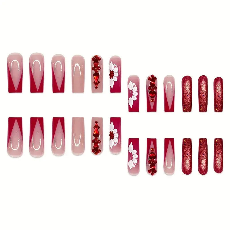 Sweet flower pattern fake nails with red prismatic diamonds in European square shape