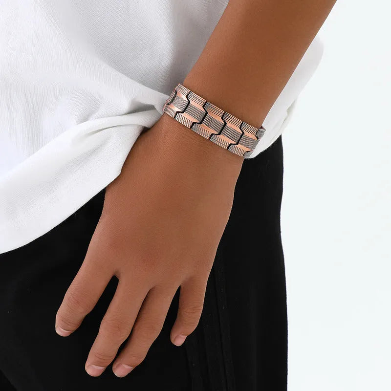 Carved retro three rows full magnet bracelet in bronze electroplated finish on zinc alloy unisex