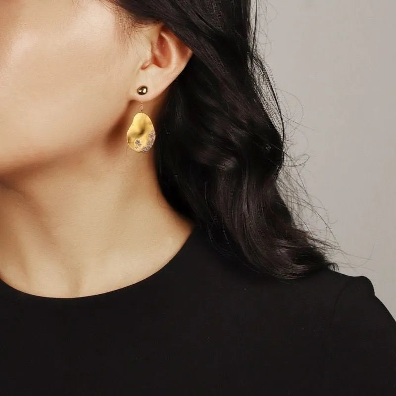 Asymmetric gold-plated floral earrings with zircon stone mosaic accents in Chinese style design