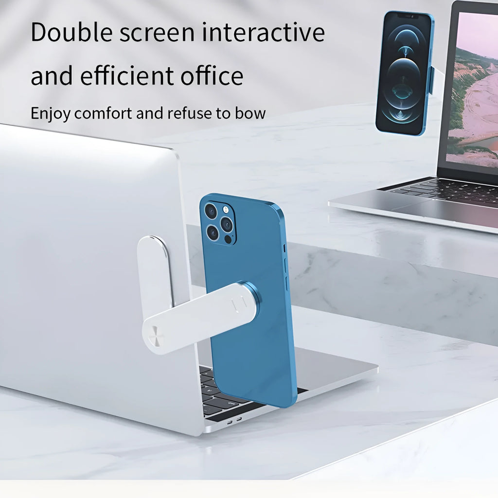 Black aluminum laptop phone holder with magnetic bracket mounted beside computer monitor