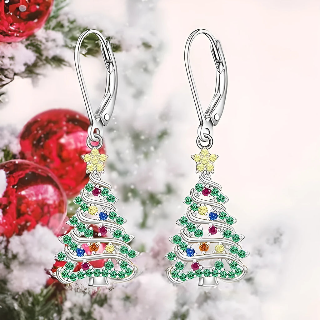 Women's copper Christmas tree earrings with white gold colour finish and star-shaped pendant design