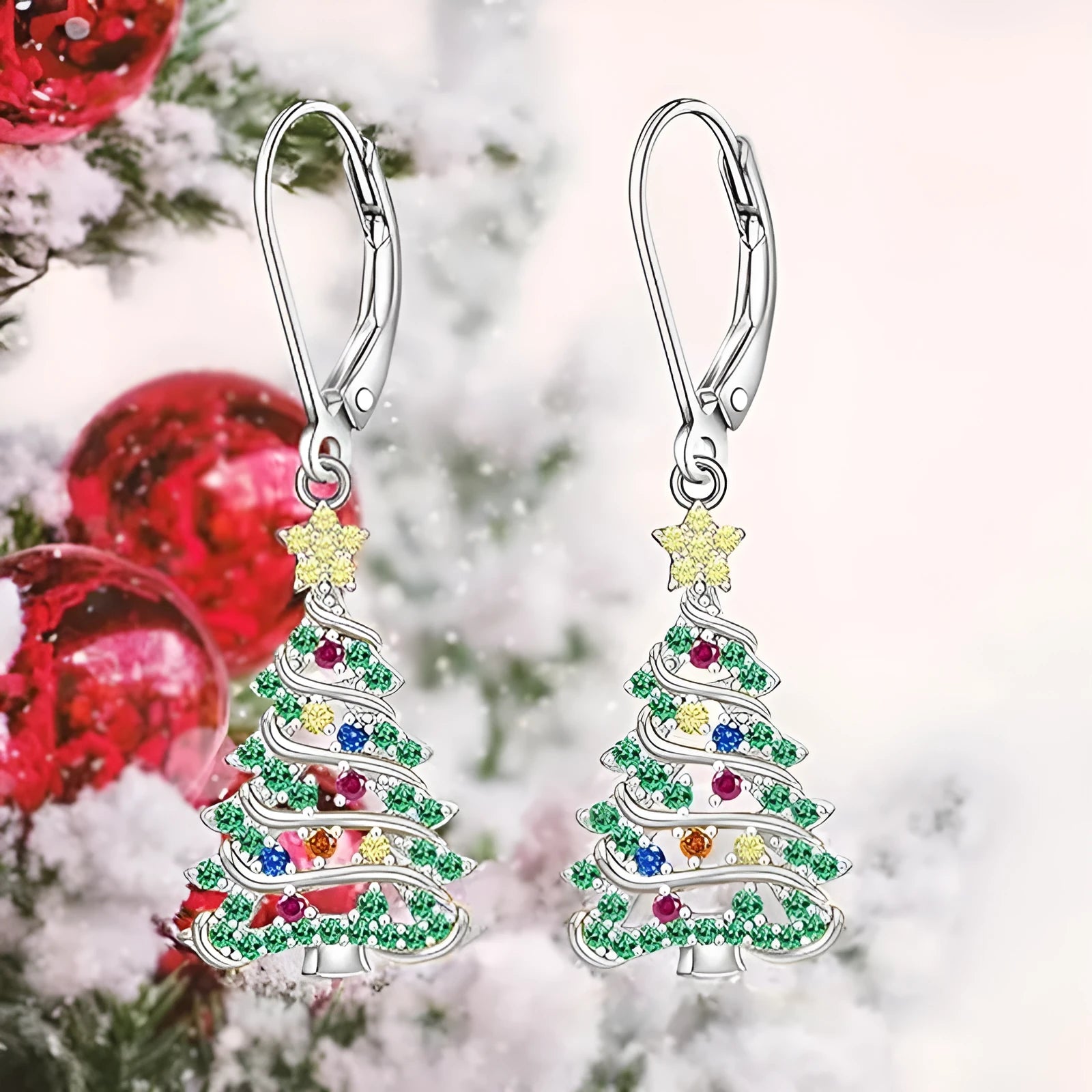 Women's copper Christmas tree earrings with white gold colour finish and star-shaped pendant design