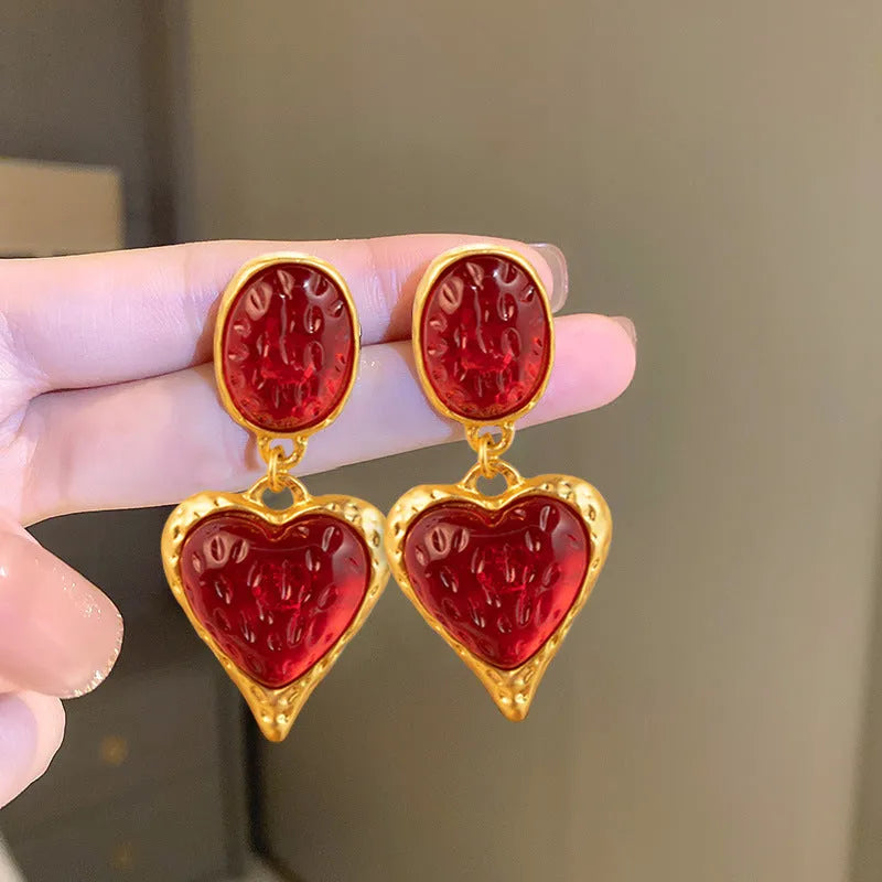 Silver needle pleated oval love heart stud earrings in purple, red, green, yellow/white colour options