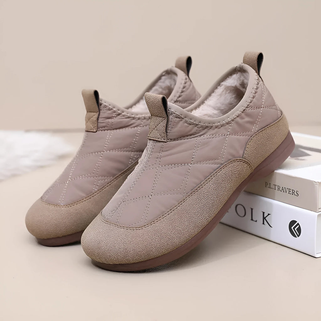 Women's winter slip-on shoes with plus velvet lining and flat PVC sole, available in khaki, apricot, and black.