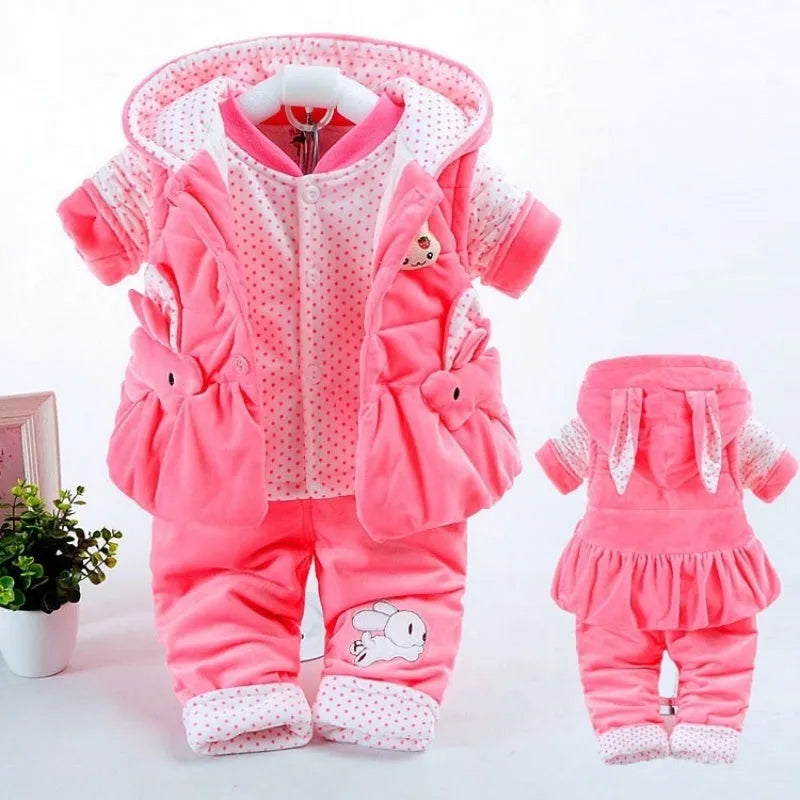 Girls' pink three-piece autumn clothing set with jacket, trousers, and vest made from flannel and cotton.