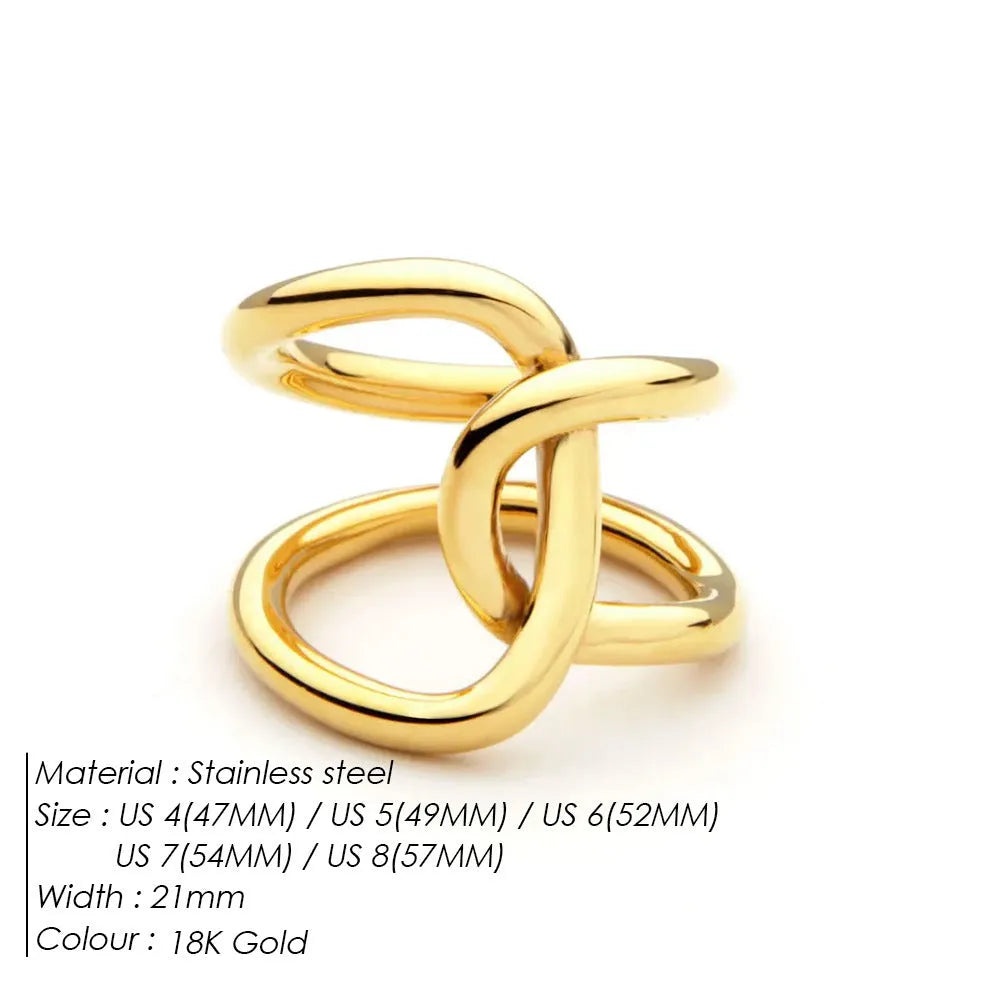 Adjustable knotted opening ring in stainless steel, shown in both gold and steel colour finishes on a woman's hand.