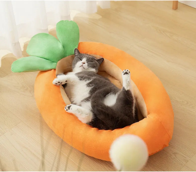 Carrot-shaped nesting dog bed with a blanket, shown in two sizes for small and medium pets.