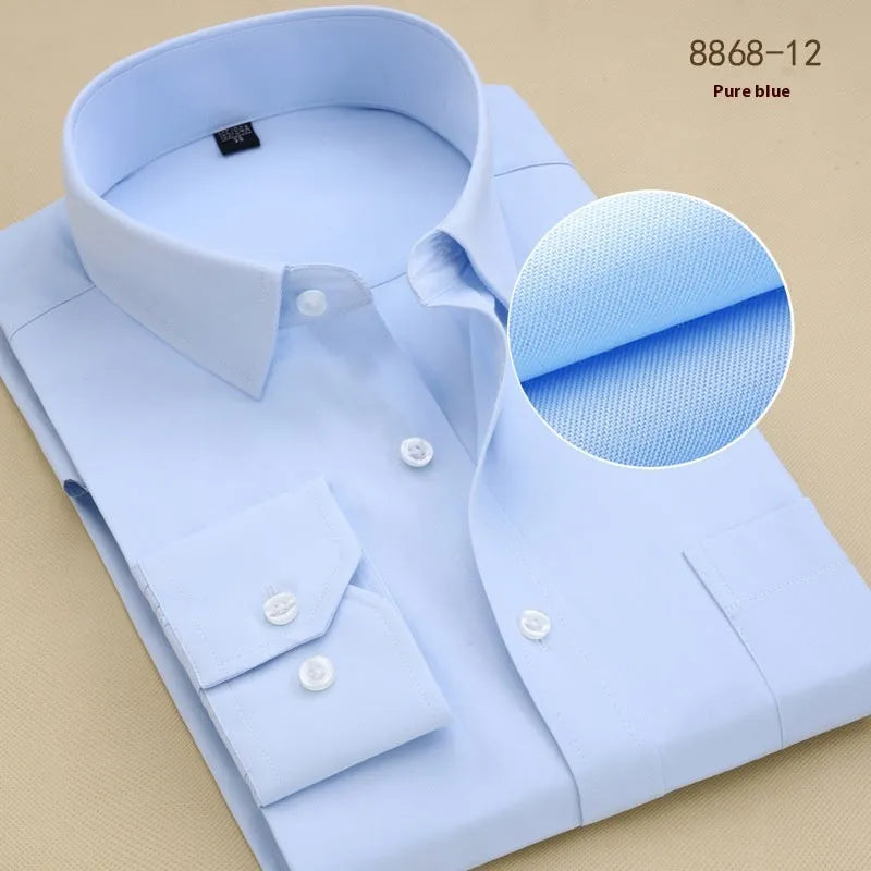 Men's black slim fit long sleeve business shirt in cotton fabric on a hanger