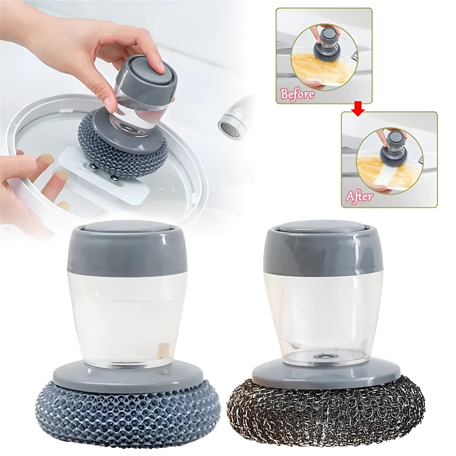 Kitchen palm scrubber with push-type soap dispenser for cleaning stoves and sinks