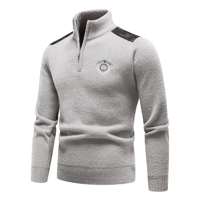 Men's stand collar velvet sweater in beige, dark grey, black, or navy blue.