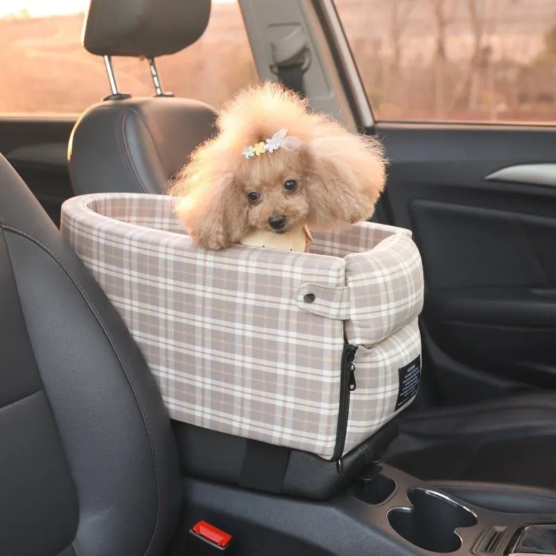 Portable nonslip pet car seat in mocha fabric on car central armrest for small dogs and cats