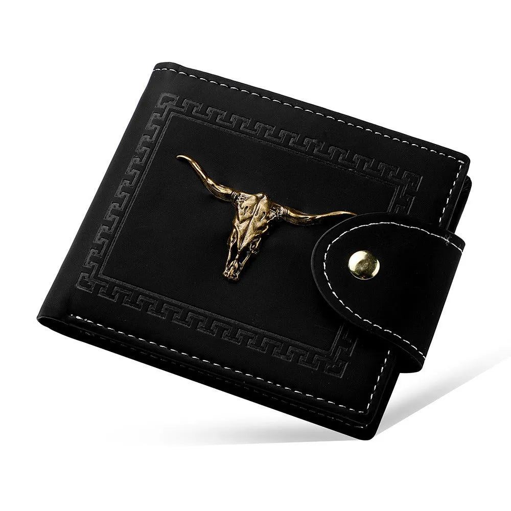 Black men's wallet with animal pattern, multiple card slots and zipper closure
