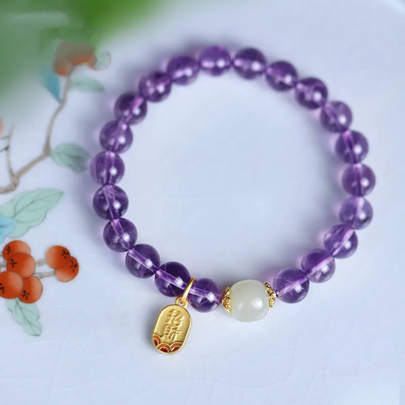Amethyst colour crystal bracelet with 8mm beads in geometric pattern