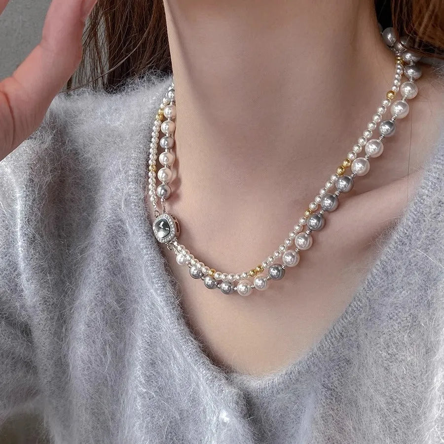 Double-layer pearl necklace with micro-inlaid square pendant and electroplated finish for women 43cm