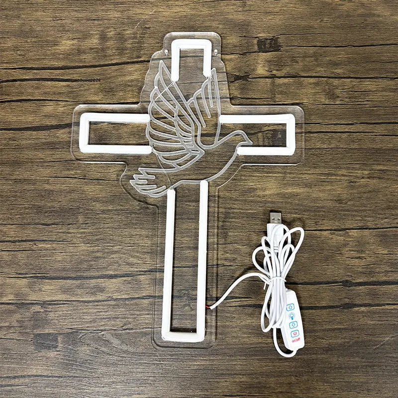 LED peace dove cross neon light, white acrylic wall light 33x24.5x1.5cm with USB 5V dimmable switch