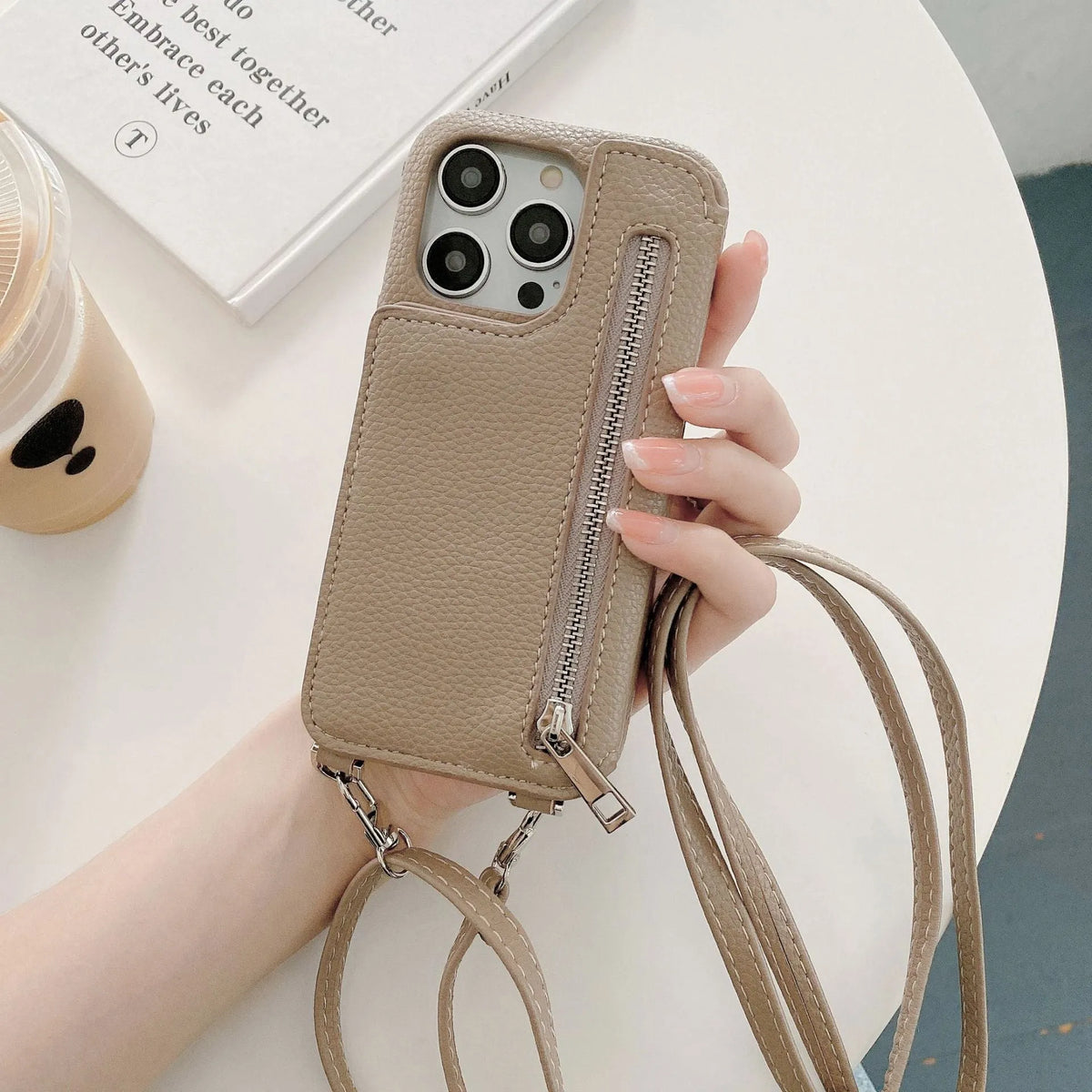 Lychee pattern phone case with card slot beauty mirror and crossbody strap in beige colour
