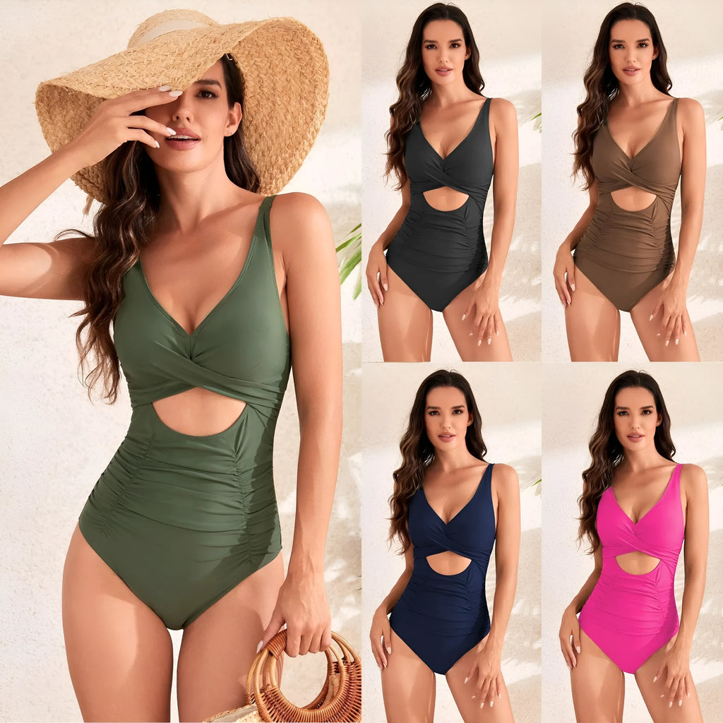 Solid colour one-piece swimsuit with cross-pack pleating and high-waist design in sleeveless nylon fabric
