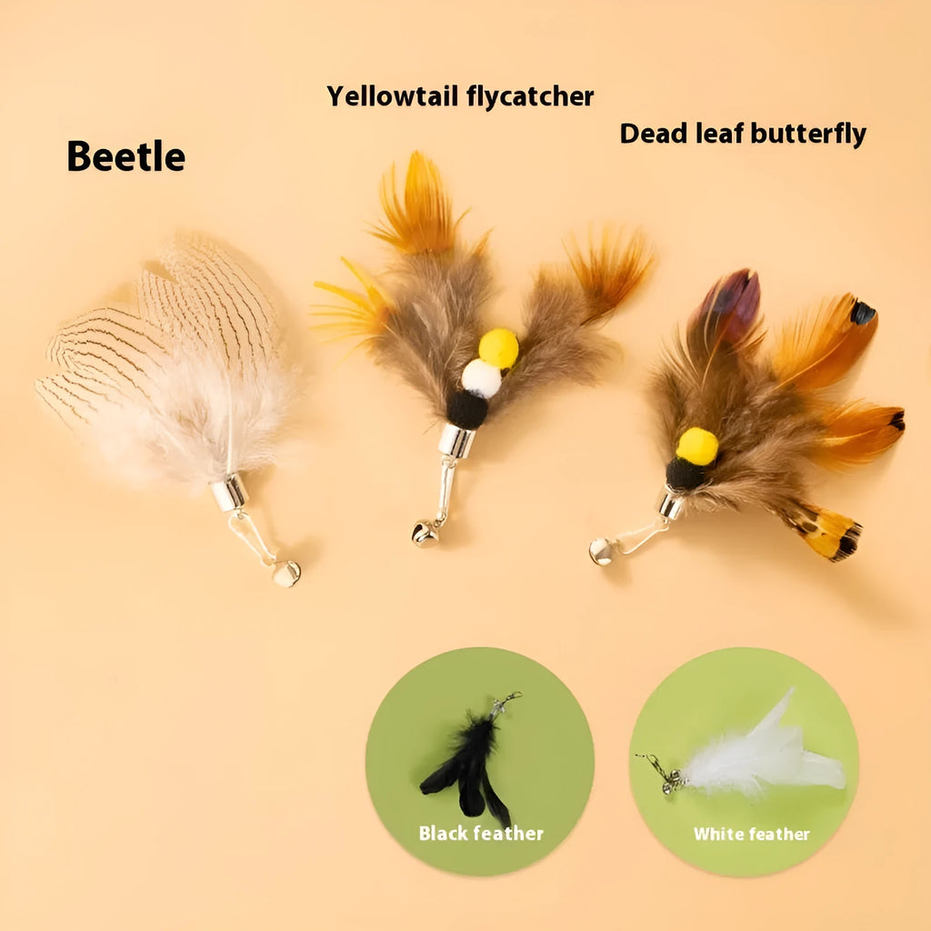 Three steel wire cat toy replacement heads with small flying insect designs on a white background.