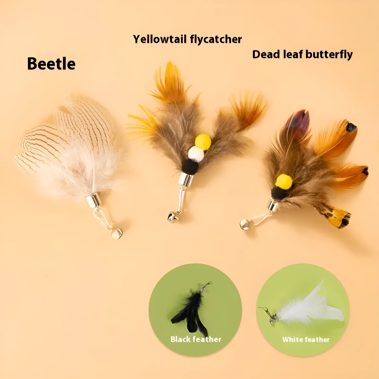 Three steel wire cat toy replacement heads with small flying insect designs on a white background.