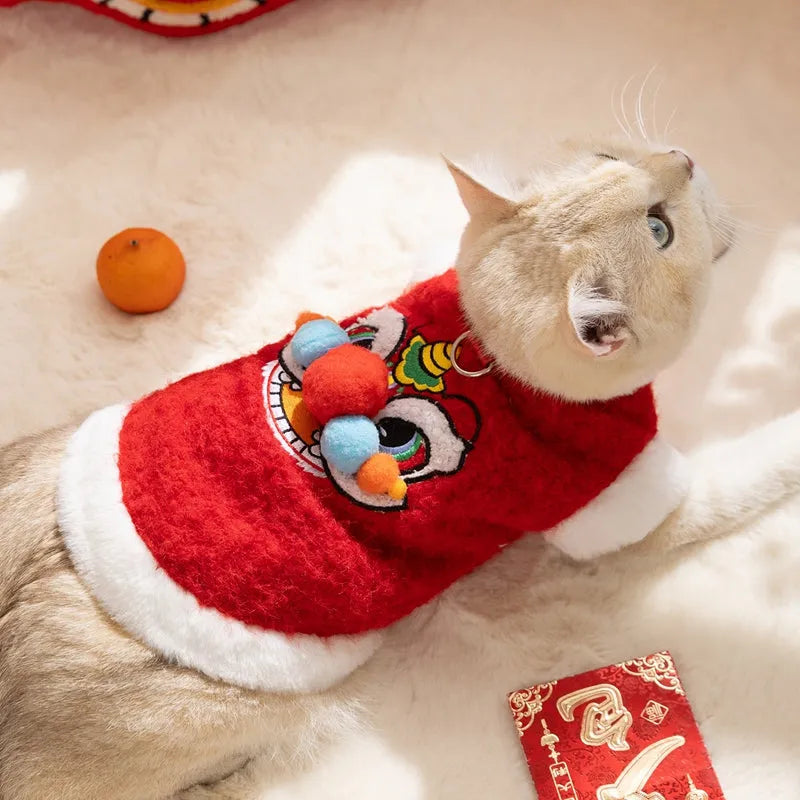 Red lion dance pet vest for cats and small dogs with 3D face, faux fur trim and leash ring.