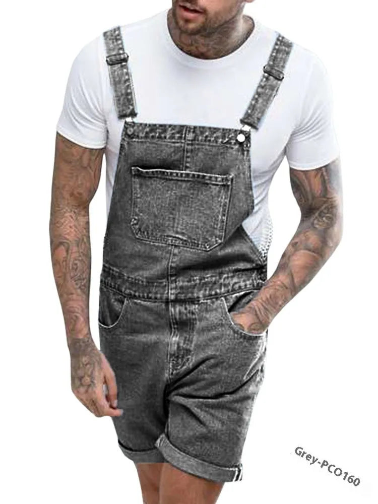 Youth denim suspender shorts with elastic waist and straight leg cut in black, blue, or grey colours