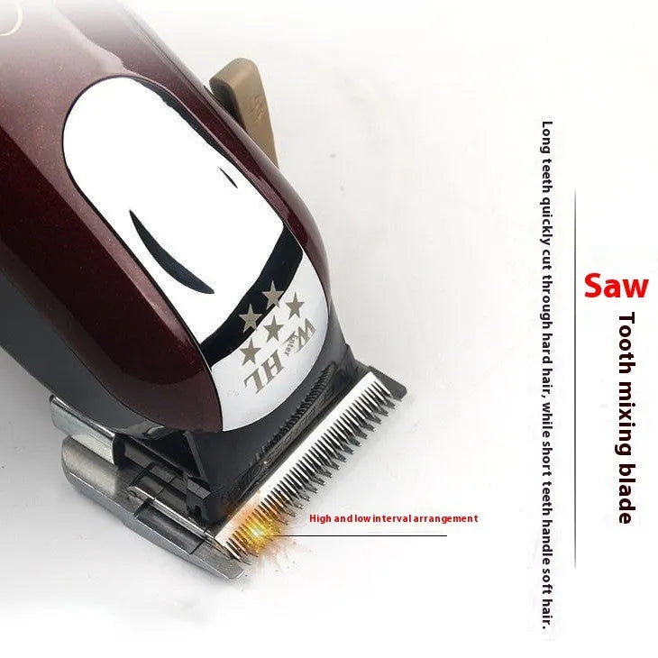 Charging hair clippers with stainless steel cutter head and EU, UK, US plug adapters for adults and children