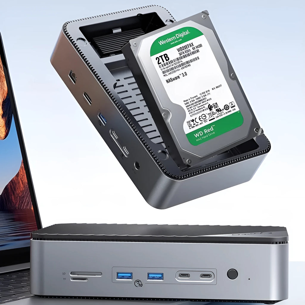 8-in-1 USB 3.2 M.2 hard disk docking station with gigabit network port and 4K HD in black aluminium alloy