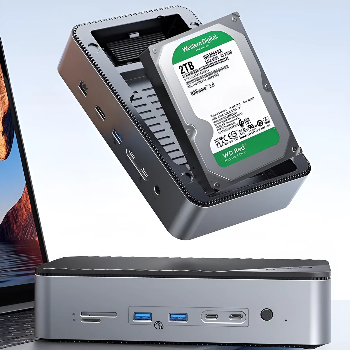 8-in-1 USB 3.2 M.2 hard disk docking station with gigabit network port and 4K HD in black aluminium alloy