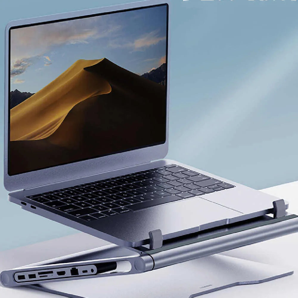 Aluminium alloy laptop stand with 8-in-1 USB-C docking station in deep space grey for notebook desk use