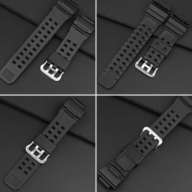 Camouflage TPU watch strap with silver buckle laid flat showing slim 2mm profile