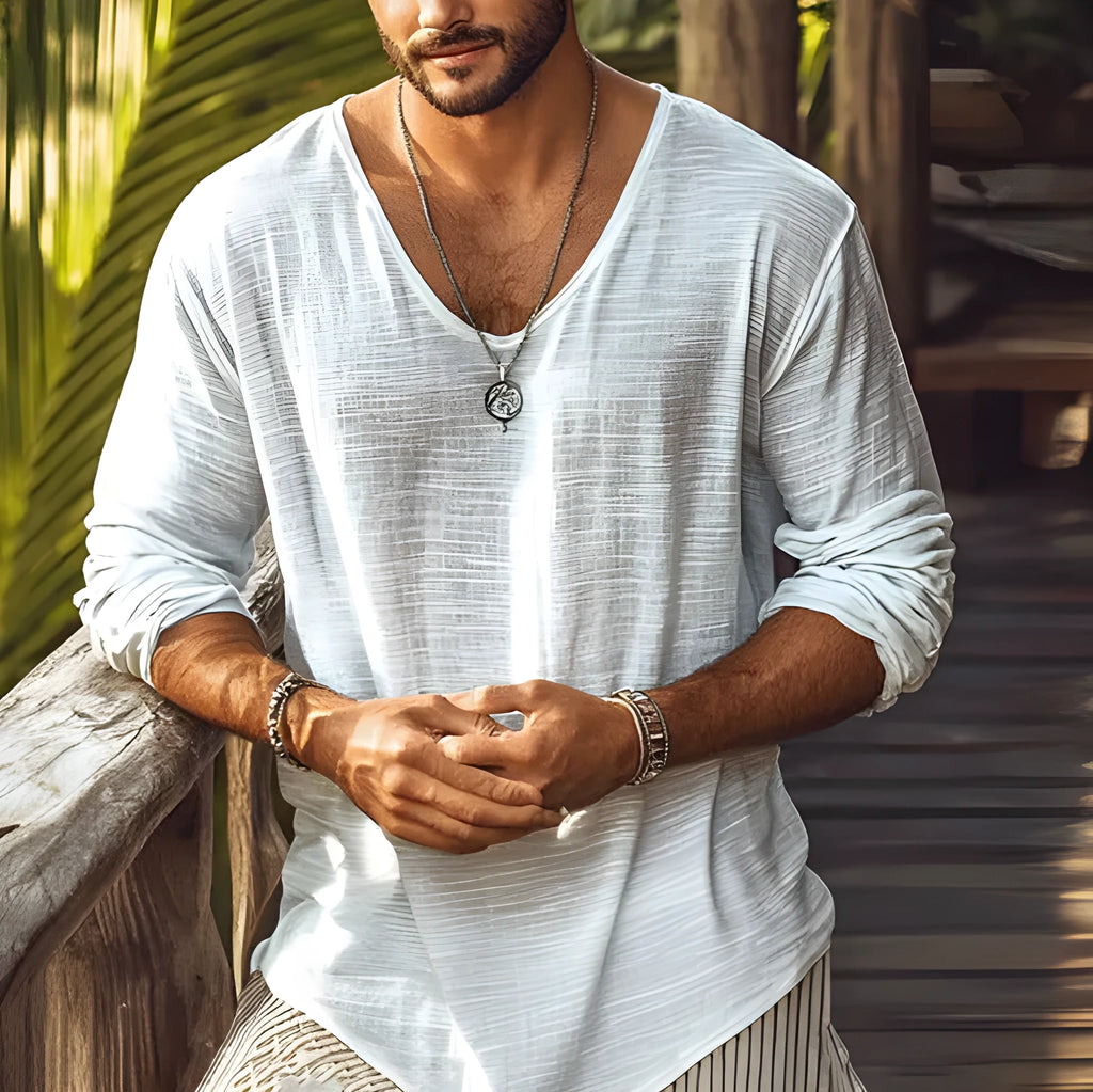 Beige V-neck long-sleeved t-shirt on hanger showing slim fit and hemp blend fabric texture