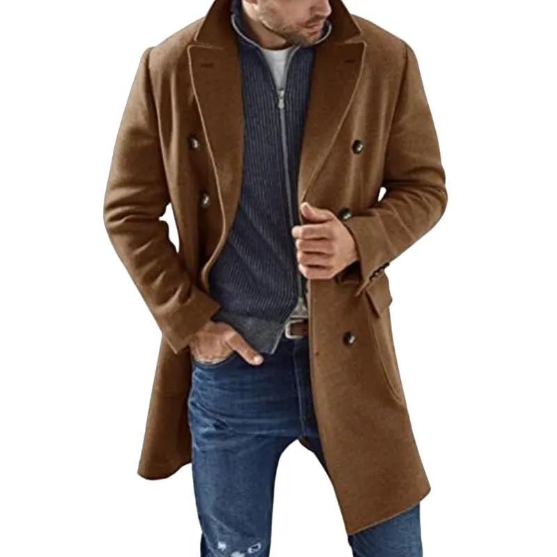 Woolen men's coat in light gray, khaki, black or camel with embedded line pockets and polyester lining, sizes S to 2XL.